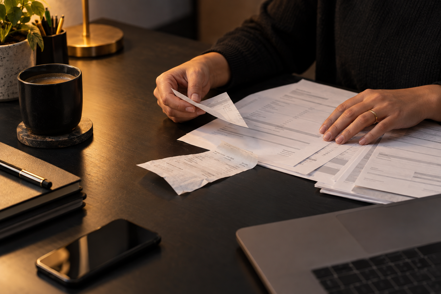 Illustrative photograph of an accountant sorting supplier paperwork at a desk